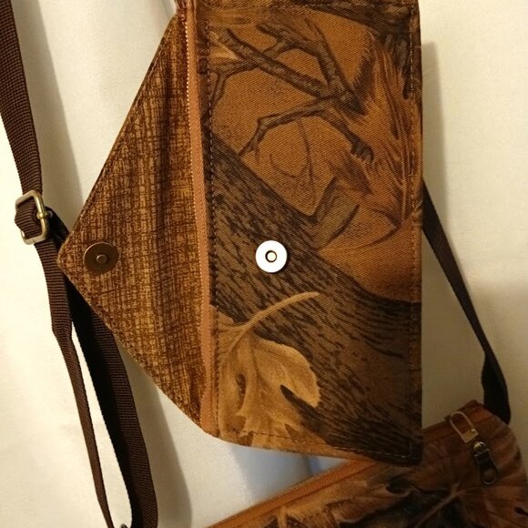 New Travel Sling Crossbody Bag Travel Purse Carryall Wallet Set Brown Camo Leaf - Picture 14 of 16